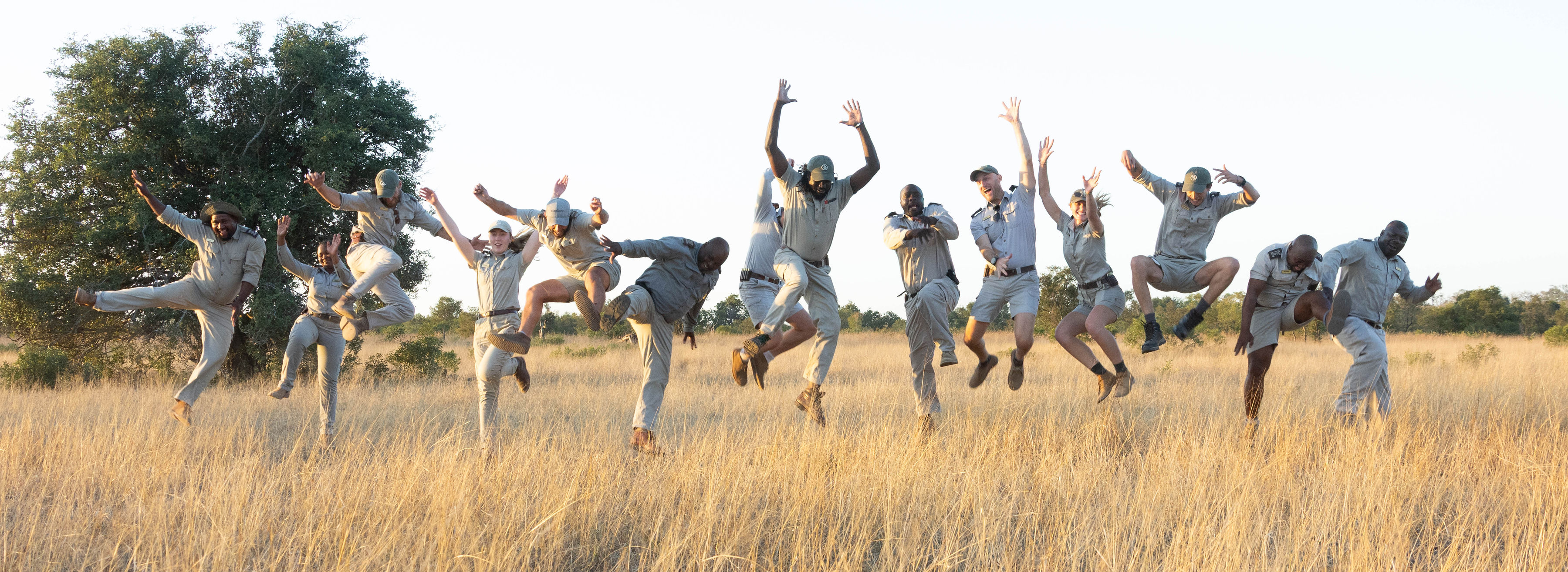 The expert trackers and rangers at Sabi Sabi jump for joy. The expert trackers and rangers at Sabi Sabi jump for joy.
