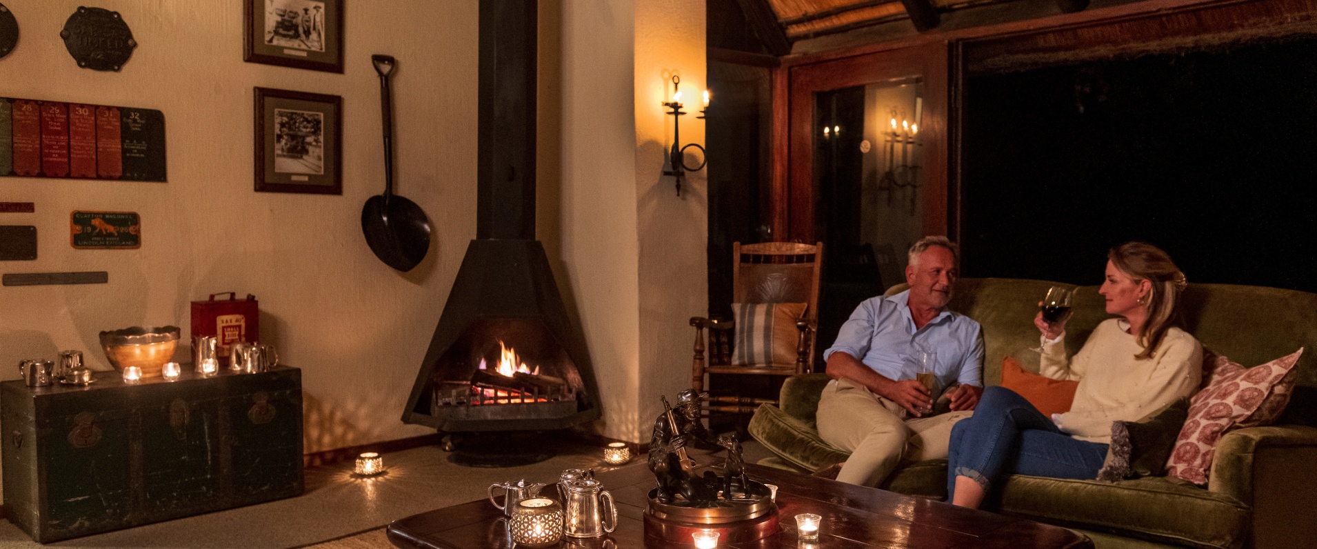 Step into history at Selati Camp's bar and lounge, embracing classical beauty.