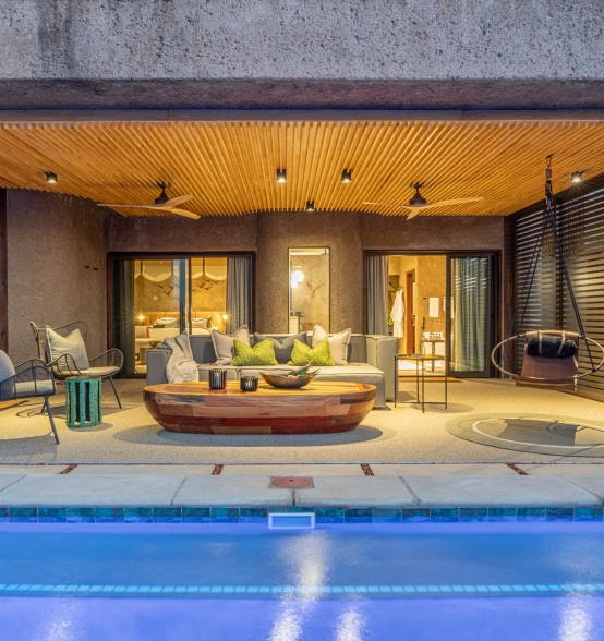 Earth Lodge Luxury Suite shimmering private pool.