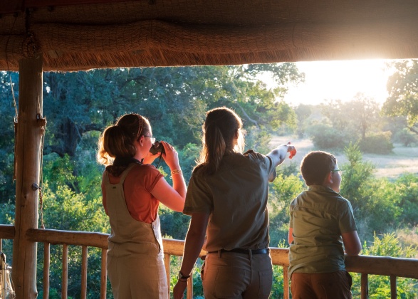 Guide and kids watching water pan at Bush Lodge 