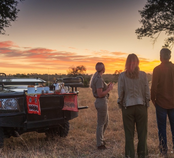 Enjoying the sunset during a sundowner stop on an afternoon game drive in the Sabi Sands. 